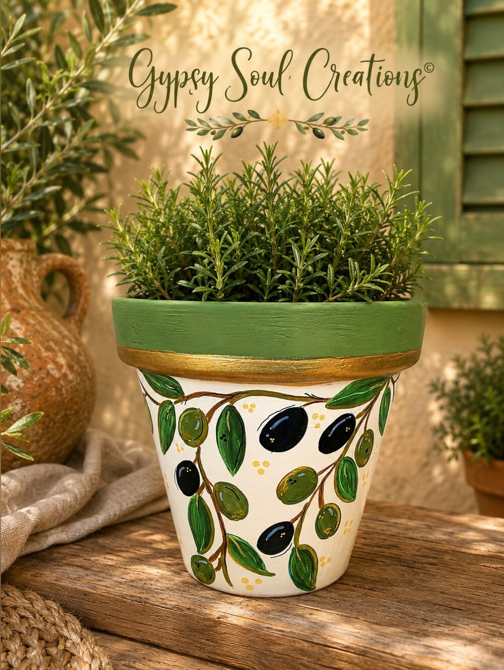 Hand-Painted 6" Terracotta Olive Planter | Mediterranean Decor | Signed by Gypsy